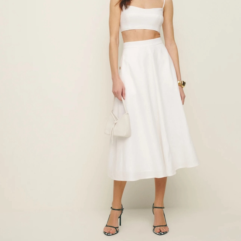 Reformation White Linen Midi Skirt